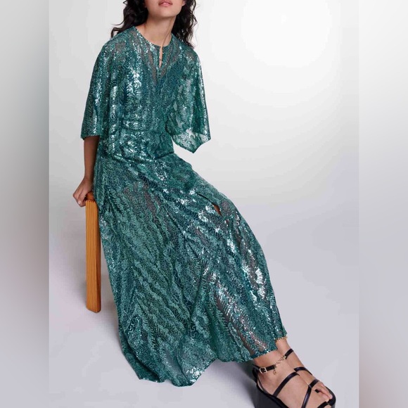 NWT Maje Green Sequin Maxi Dress US XS / FR 34 Formal Gown Wedding Guest Holiday - Picture 16 of 16